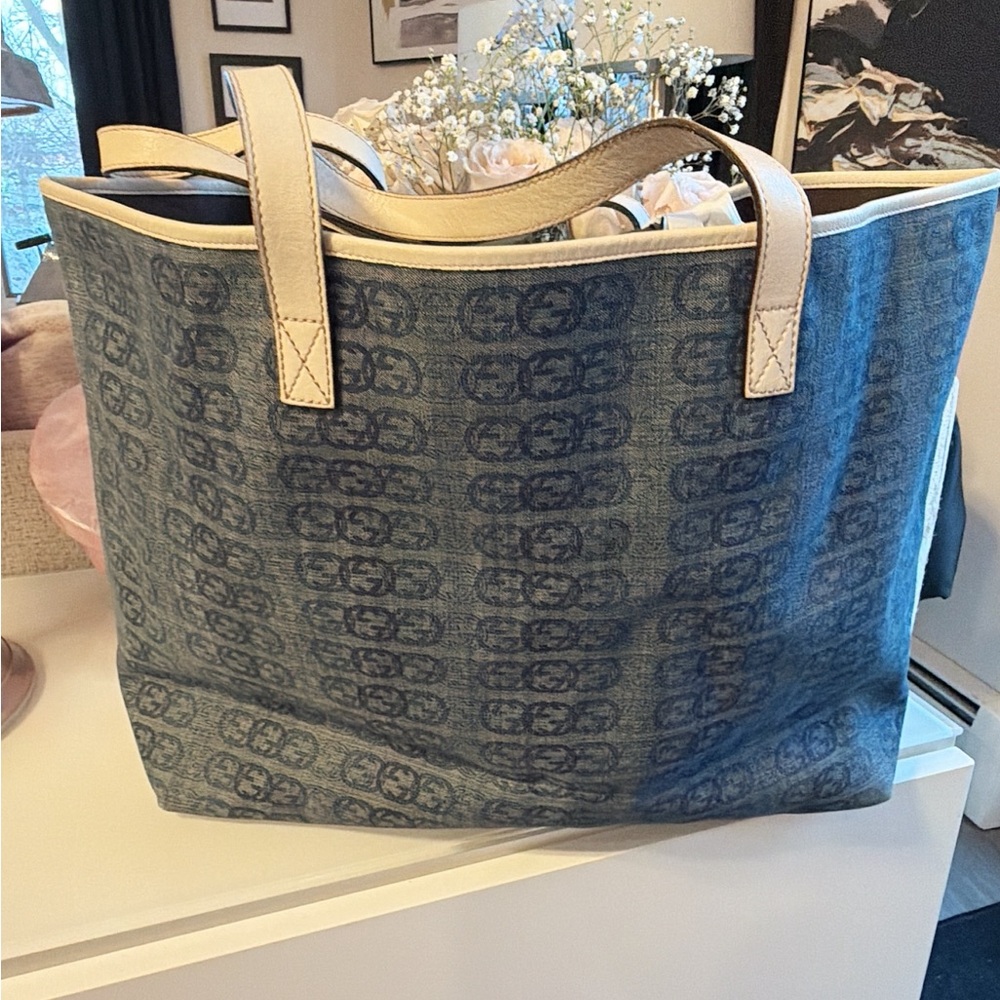 Gucci Denim Blue Tote with Tan Handles